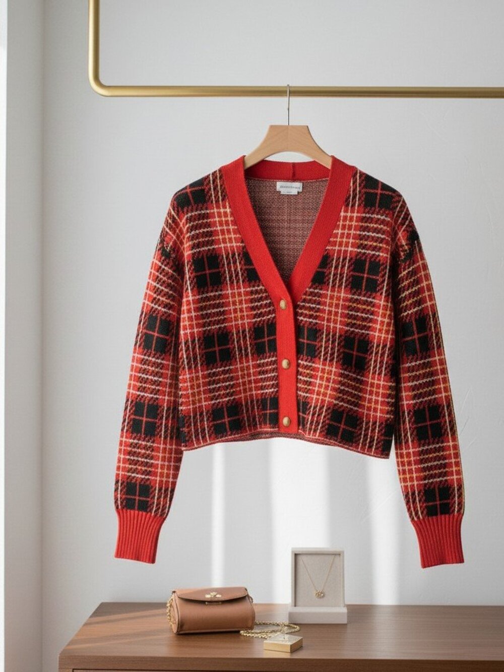 Lovers + Friends Brantley Cropped Plaid Cardigan XS — Red/Black Gold Buttons - Picture 4 of 14